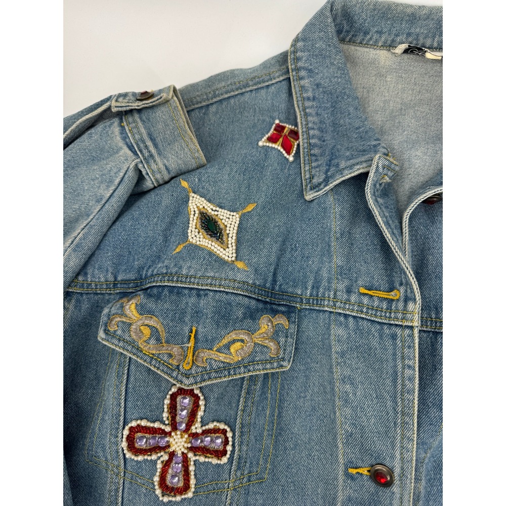 Vintage Cedars Denim Jacket Jeans Set Jeweled Beaded Women 28 Blue Crown - Picture 8 of 16